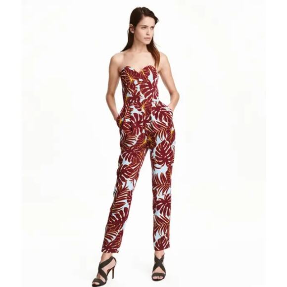 H&M Conscious Red Blue Floral Strapless Sweetheart Neckline Zip Jumpsuit Size 2 - Picture 1 of 13